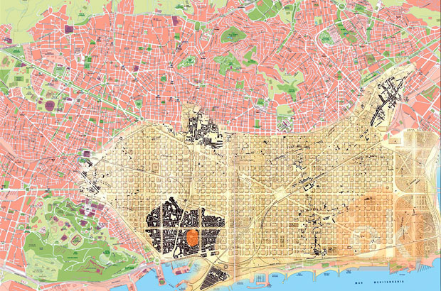 Mapa pokazująca wzrost Barcelony”>
<p>
<i>Mapa pokazująca Barcino (pomarańczowy), stare miasto (czarny), planowaną ówcześnie ekspansję (beżowy) oraz Barcelonę dzisiaj (czerwony).</i>
</p>                
            </div>
         
          <div itemprop=